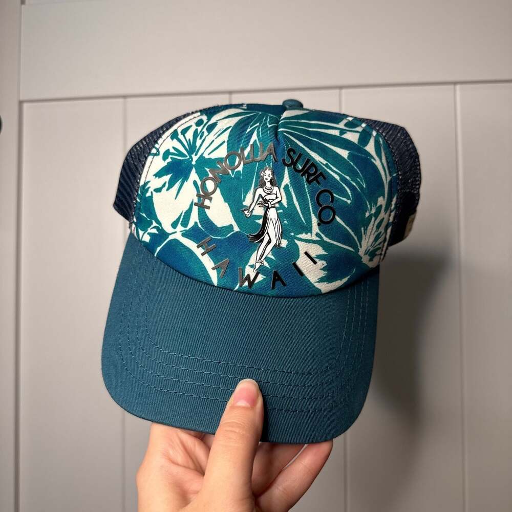 Honolua Surf Co. Hawaii Teal Tropical Floral Trucker Hat - Hula Girl Graphic